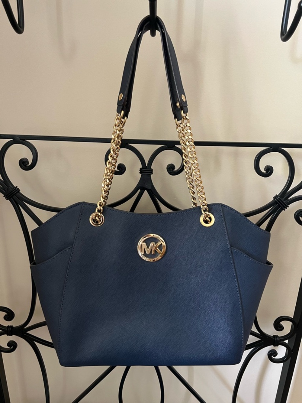 Michael Kors Navy Saffiano Tote with Gold Chain Trim
